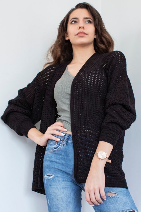 Hand Knitted Cardigan, Cardigan, Denmark Cardigan, Crochet Sweater, Etsy Black Knit Summer for Women, Cotton Coat Open - Front Crochet Knit Sweater Coat