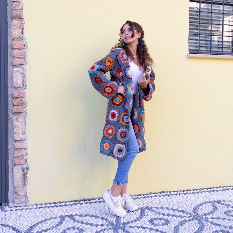 Granny Square Afghan Coat, Patchwork Jacket, Boho Crochet Coat, Granny Square Crochet Cardigan, Oversized Wool Sweater, Long Hooded Coat image 1