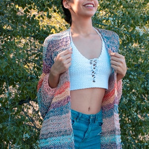 Multi Color Cotton Cardigan, Knit Cardigan for Spring, Light Wrap Cardigan, Knit Boho Shrug, Loose Knit Cotton Sweater, Open Front Cardigan image 3