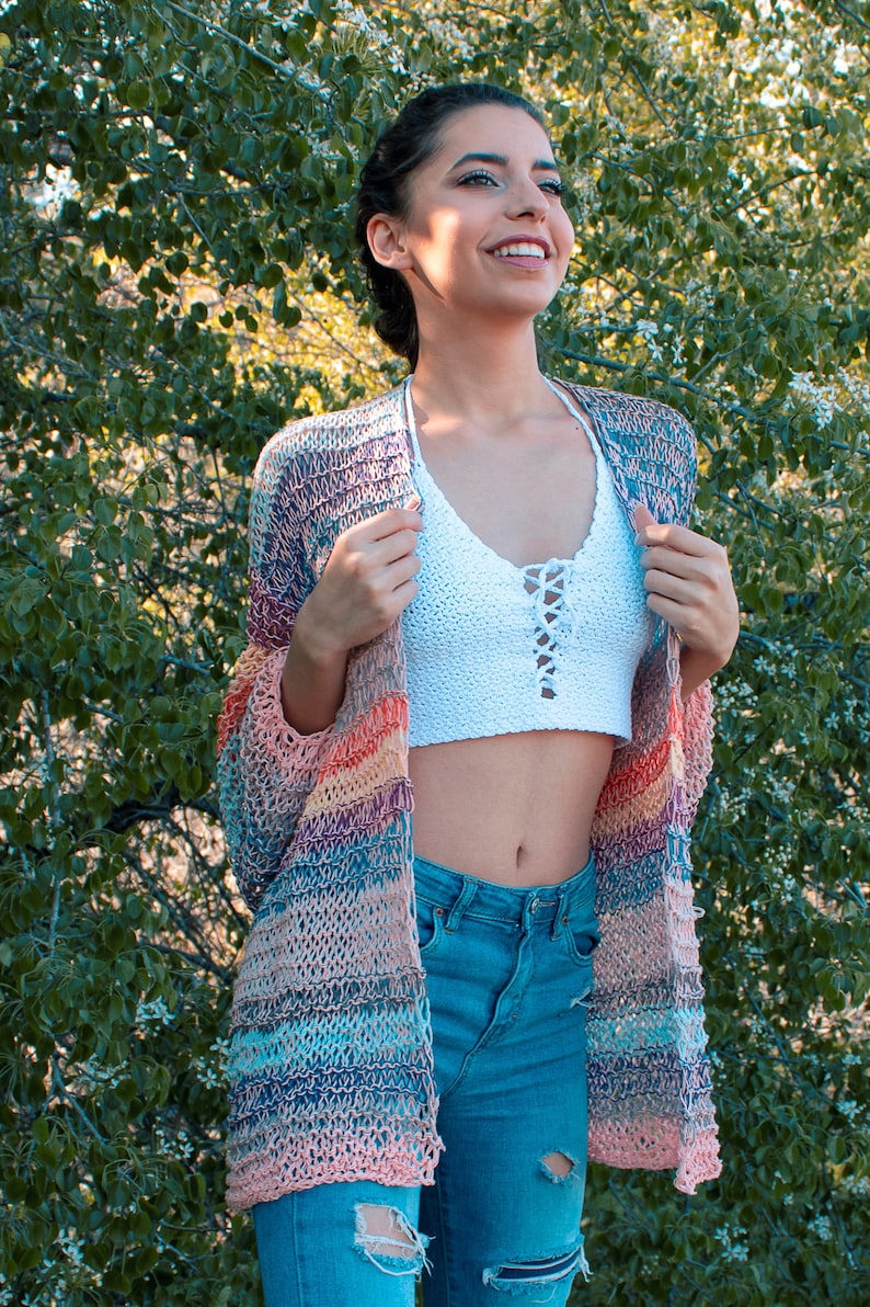 Multi Color Cotton Cardigan, Knit Cardigan for Spring, Light Wrap Cardigan, Knit Boho Shrug, Loose Knit Cotton Sweater, Open Front Cardigan image 3