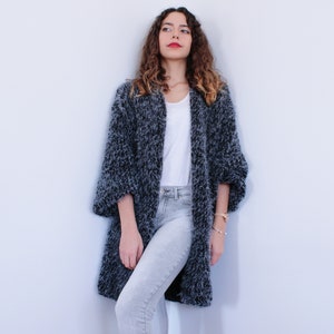 Chunky Knit Cardigan, Chunky Wool Sweater, Oversized Long Cardigan, Hand Knitted Sweater, Green Wool Cardigan, Knit Coat, Christmas Gift Black - Gray mix