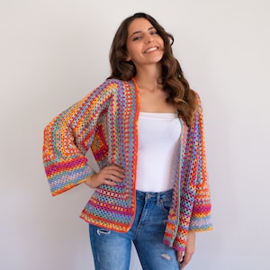 Hand Knit Cardigan for Women, Colorful Knit Sweater, Oversized Cardigan, Womens Knitwear, Crochet Cardigan, Granny Sqaure Crochet Jacket image 2