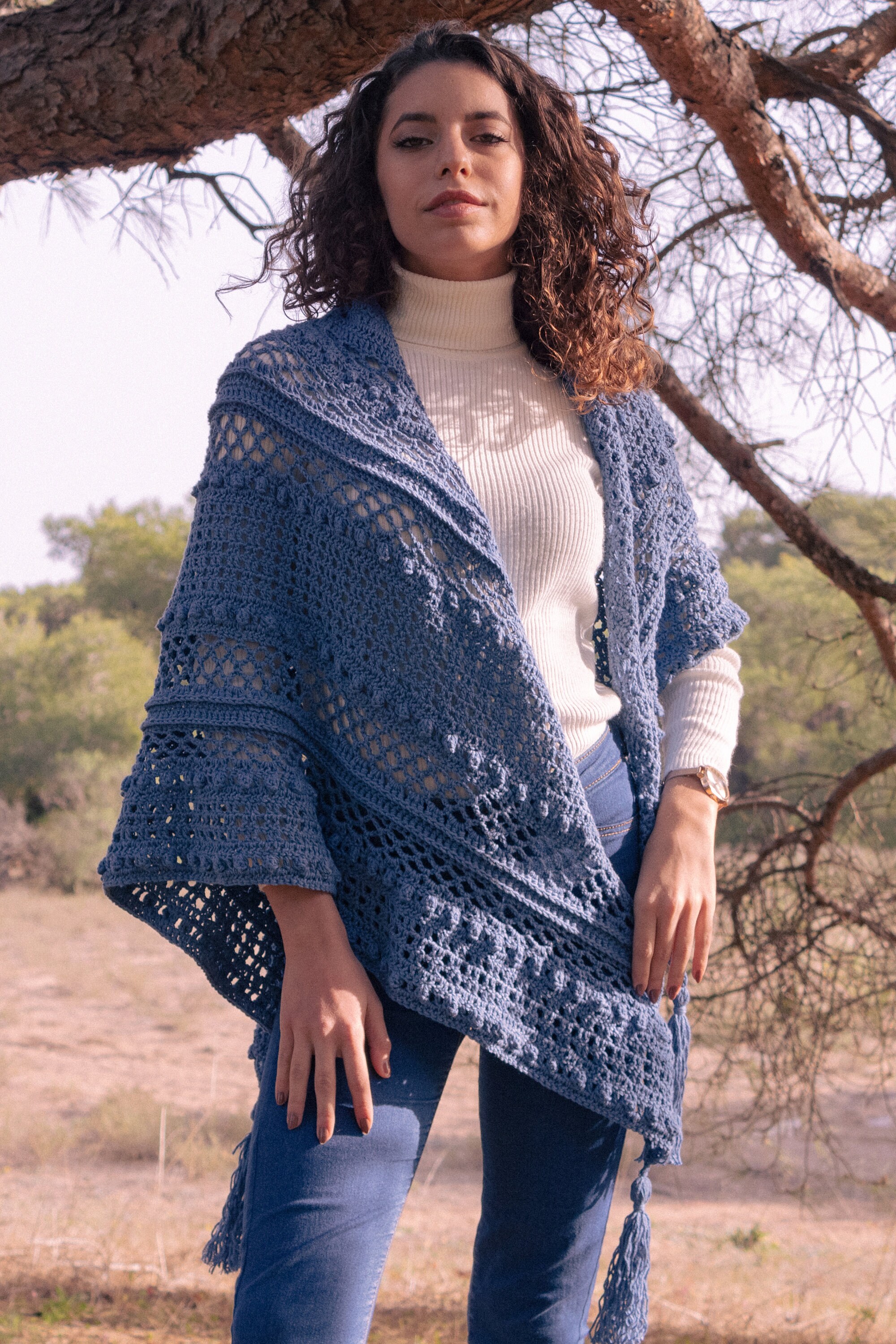 Handmade Crochet Cotton Shawl: Blue Knit Triangle Wrap - Etsy 日本