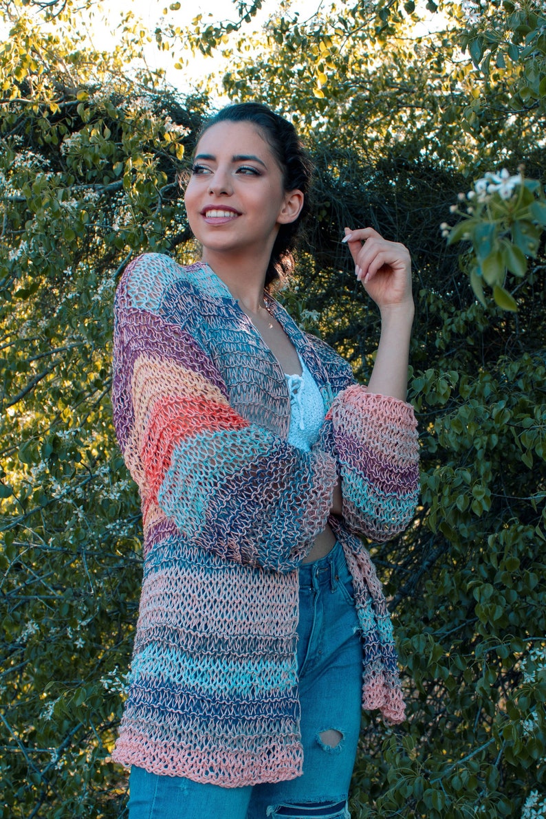 Multi Color Cotton Cardigan, Knit Cardigan for Spring, Light Wrap Cardigan, Knit Boho Shrug, Loose Knit Cotton Sweater, Open Front Cardigan image 1