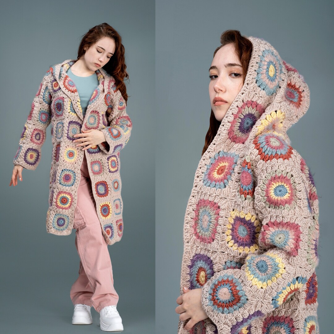 Granny Square Afghan Coat, Patchwork Jacket, Boho Crochet Coat, Granny