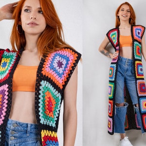 Patchwork Long Cardigan Vest, Crochet Long Waistcoat, Cotton Summer Vest, Granny Square Vest, Black Vest, Boho Hippie Clothing, Gift for her