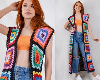 Patchwork Long Cardigan Vest, Crochet Long Waistcoat, Cotton Summer Vest, Granny Square Vest, Black Vest, Boho Hippie Clothing, Gift for her