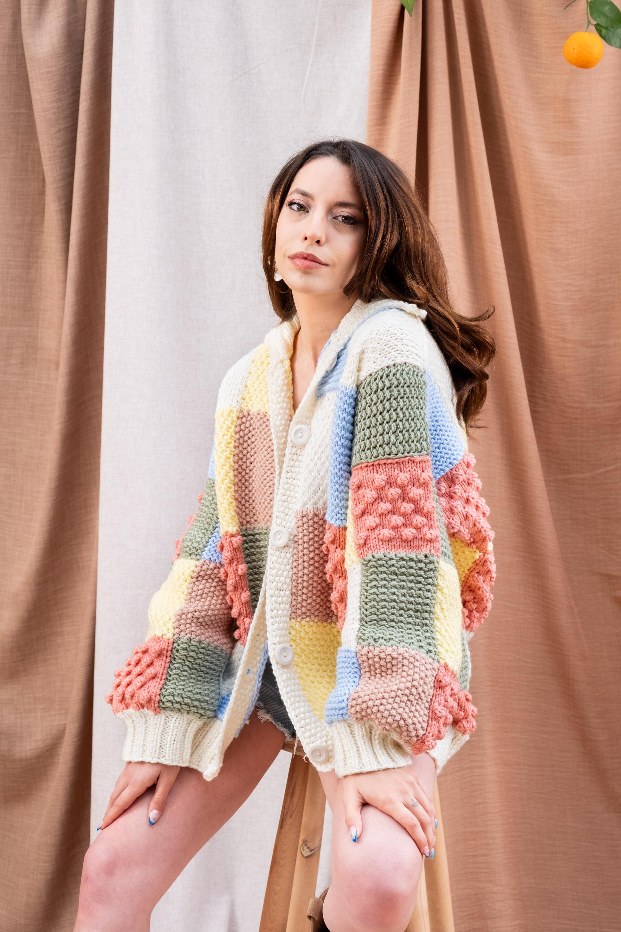 Chunky Knit Patchwork Cardigan: Colorful Boho Mercerized Cotton - Etsy