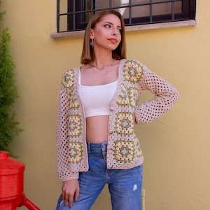 Crochet Cotton Cardigan for Women, Boho Cardigan, Cropped Jacket, Knitted Sweater, Patchwork Cardigan, Granny Square Jacket, Gift for her image 4