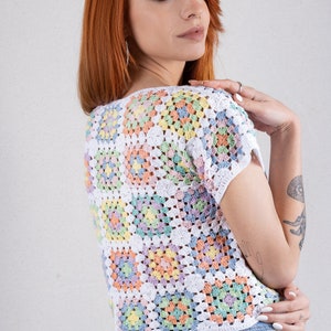 Crop Top in Pastel Colors, Crochet Boho Top, Cotton Patchwork Shirt, Granny Square Afghan Sweater, Boho Women's Clothing, Crochet Blouse image 5