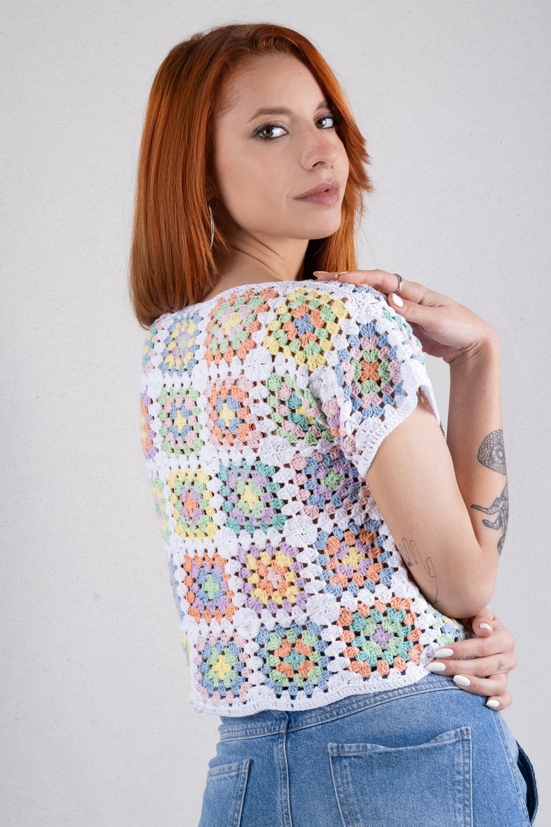 Crop Top in Pastel Colors, Crochet Boho Top, Cotton Patchwork Shirt, Granny Square Afghan Sweater, Boho Women's Clothing, Crochet Blouse image 5