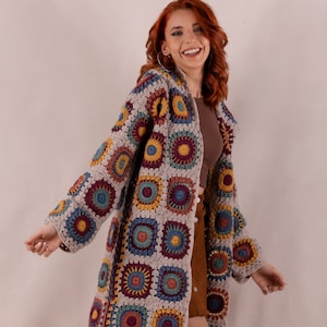 Boho Crochet Cardigan, Granny Square Cardigan, Wool Afghan Coat, Patchwork Jacket, Beige Crochet Sweater, Boho Hippie Clothing, Gift for her