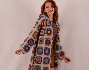 Boho Crochet Cardigan, Granny Square Cardigan, Wool Afghan Coat, Patchwork Jacket, Beige Crochet Sweater, Boho Hippie Clothing, Gift for her