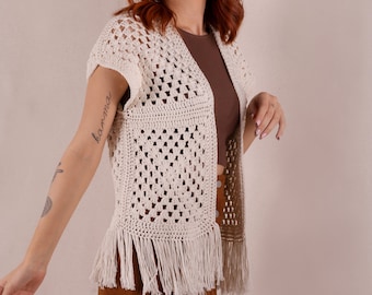 Cotton Crochet Boho Vest: Fringe Summer Knit Top