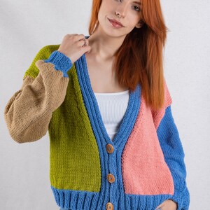 Knit Cotton Cardigan, Multi Color Patckwork Jacket, Chunky Cardigan, Colorful Crop Cardigan, V-Neck Sweater, Summer Carigan, Gift for her image 3