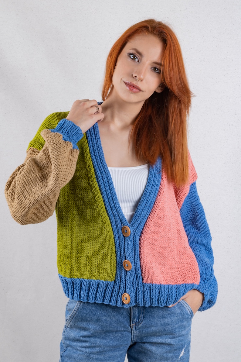 Knit Cotton Cardigan, Multi Color Patckwork Jacket, Chunky Cardigan, Colorful Crop Cardigan, V-Neck Sweater, Summer Carigan, Gift for her image 3