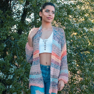 Multi Color Cotton Cardigan, Knit Cardigan for Spring, Light Wrap Cardigan, Knit Boho Shrug, Loose Knit Cotton Sweater, Open Front Cardigan image 2