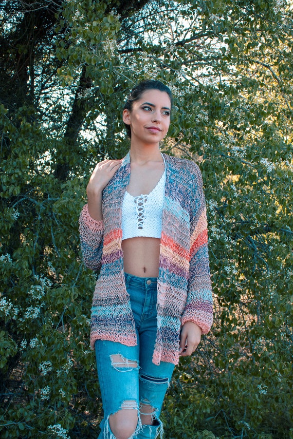 Multi Color Cotton Cardigan, Knit Cardigan for Spring, Light Multi Color Cotton Cardigan, Knit Cardigan for Spring, Light