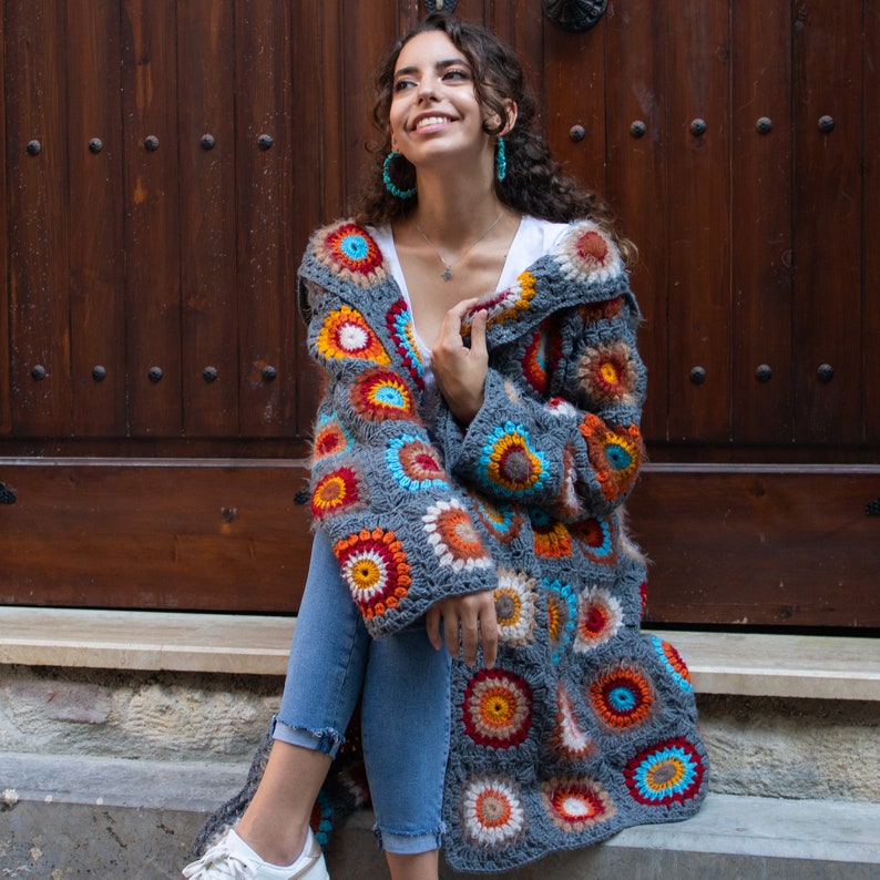 Granny Square Afghan Coat, Patchwork Jacket, Boho Crochet Coat, Granny Square Crochet Cardigan, Oversized Wool Sweater, Long Hooded Coat image 4