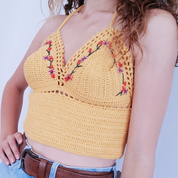 Kliniek Voorspeller uitzondering Crochet Cropped Halter Top in Yellow Cotton Top Boho - Etsy Hong Kong