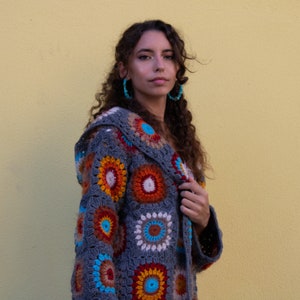 Granny Square Afghan Coat, Patchwork Jacket, Boho Crochet Coat, Granny Square Crochet Cardigan, Oversized Wool Sweater, Long Hooded Coat image 3