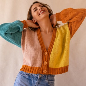 Knit Colorful Cardigan for Women, Cotton Cardigan, Knit V-Neck Sweater, Multi Color Patckwork Jacket, Chunky Cropped Cardigan, Gift for her image 1