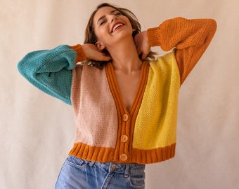 Knit Colorful Cardigan for Women, Cotton Cardigan, Knit V-Neck Sweater, Multi Color Patckwork Jacket, Chunky Cropped Cardigan, Gift for her