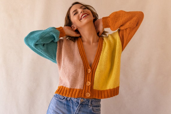 Knit Colorful Cardigan for Women, Cotton Cardigan, Knit V-neck Sweater,  Multi Color Patckwork Jacket, Chunky Cropped Cardigan, Gift for Her - Etsy