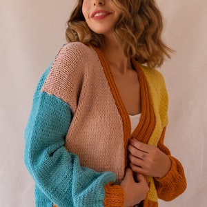 Knit Colorful Cardigan for Women, Cotton Cardigan, Knit V-Neck Sweater, Multi Color Patckwork Jacket, Chunky Cropped Cardigan, Gift for her image 6
