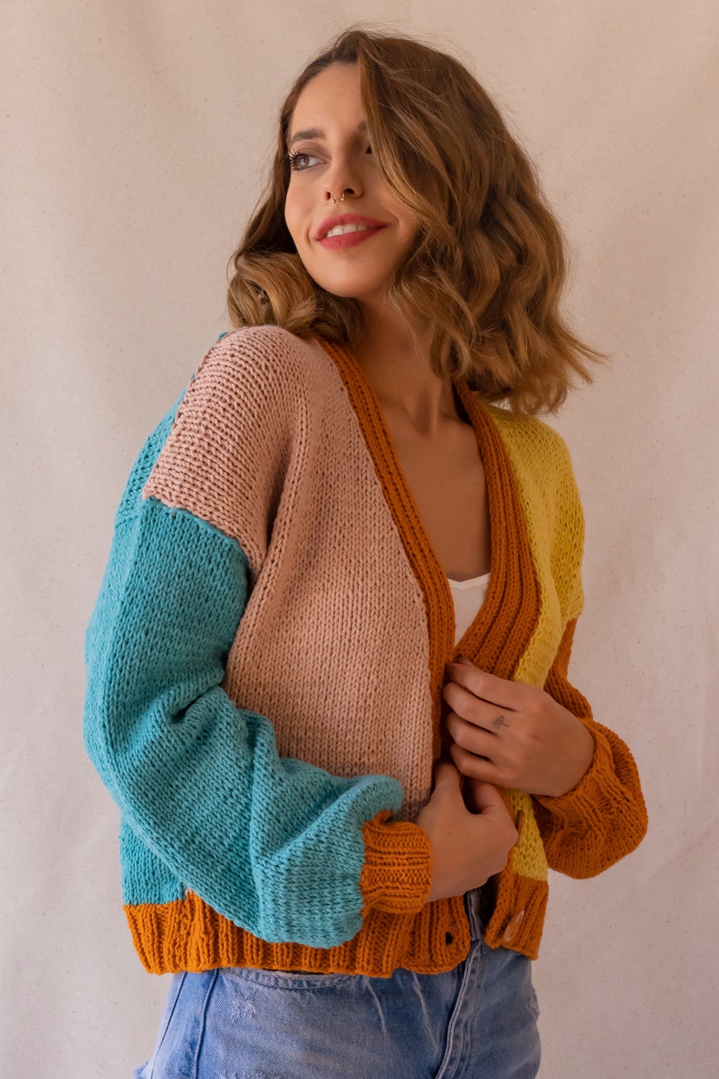 Knit Colorful Cardigan for Women, Cotton Cardigan, Knit V-Neck Sweater, Multi Color Patckwork Jacket, Chunky Cropped Cardigan, Gift for her image 6