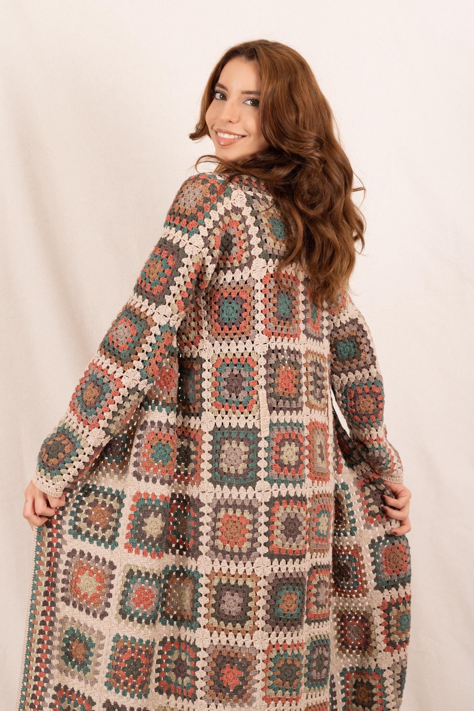 Crochet Granny Square Maxi Cardigan: Long Oversized Organic Cotton Coat - Women's Festival Coat