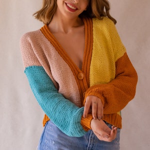 Knit Colorful Cardigan for Women, Cotton Cardigan, Knit V-Neck Sweater, Multi Color Patckwork Jacket, Chunky Cropped Cardigan, Gift for her image 4