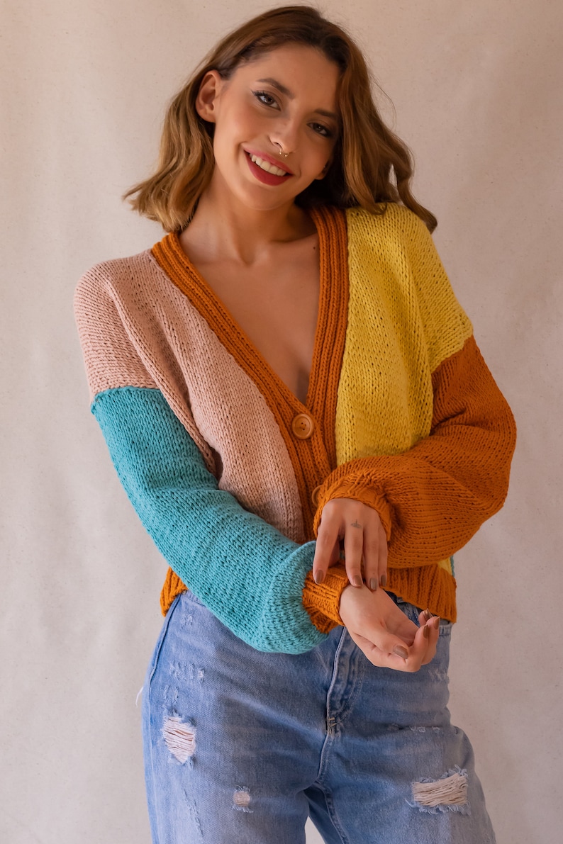 Knit Colorful Cardigan for Women, Cotton Cardigan, Knit V-Neck Sweater, Multi Color Patckwork Jacket, Chunky Cropped Cardigan, Gift for her image 4