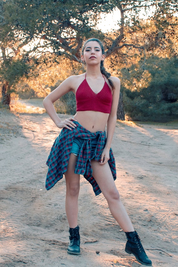 Crochet Crop Top, Red Knit Bralette, Boho Festival Top, Crochet