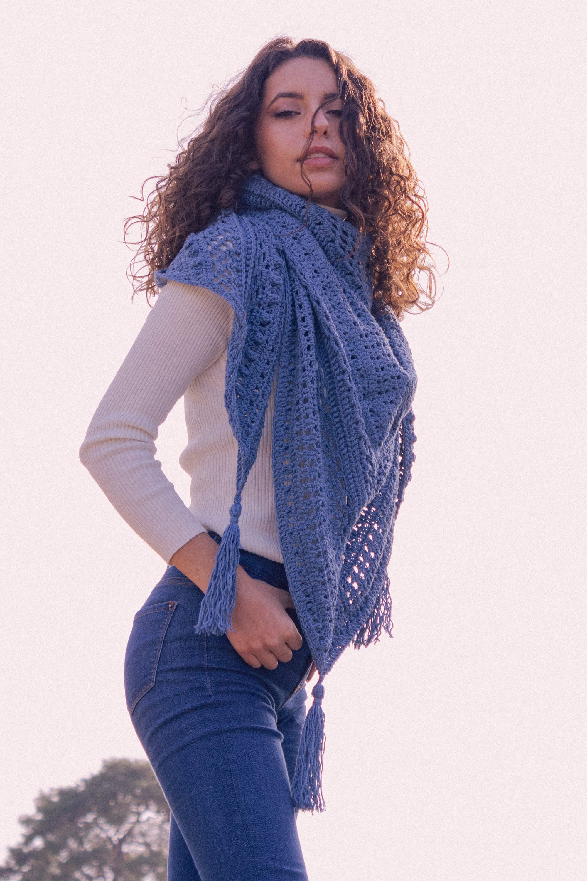 Handmade Crochet Cotton Shawl: Blue Knit Triangle Wrap - Etsy 日本