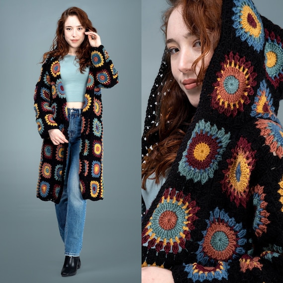 Black Patchwork Jacket, Granny Square Crochet Cardigan, Boho Patchwork Cardigan, Hooded Oversized Black Sweater, Hand knitted gift for her by BastKnitwear