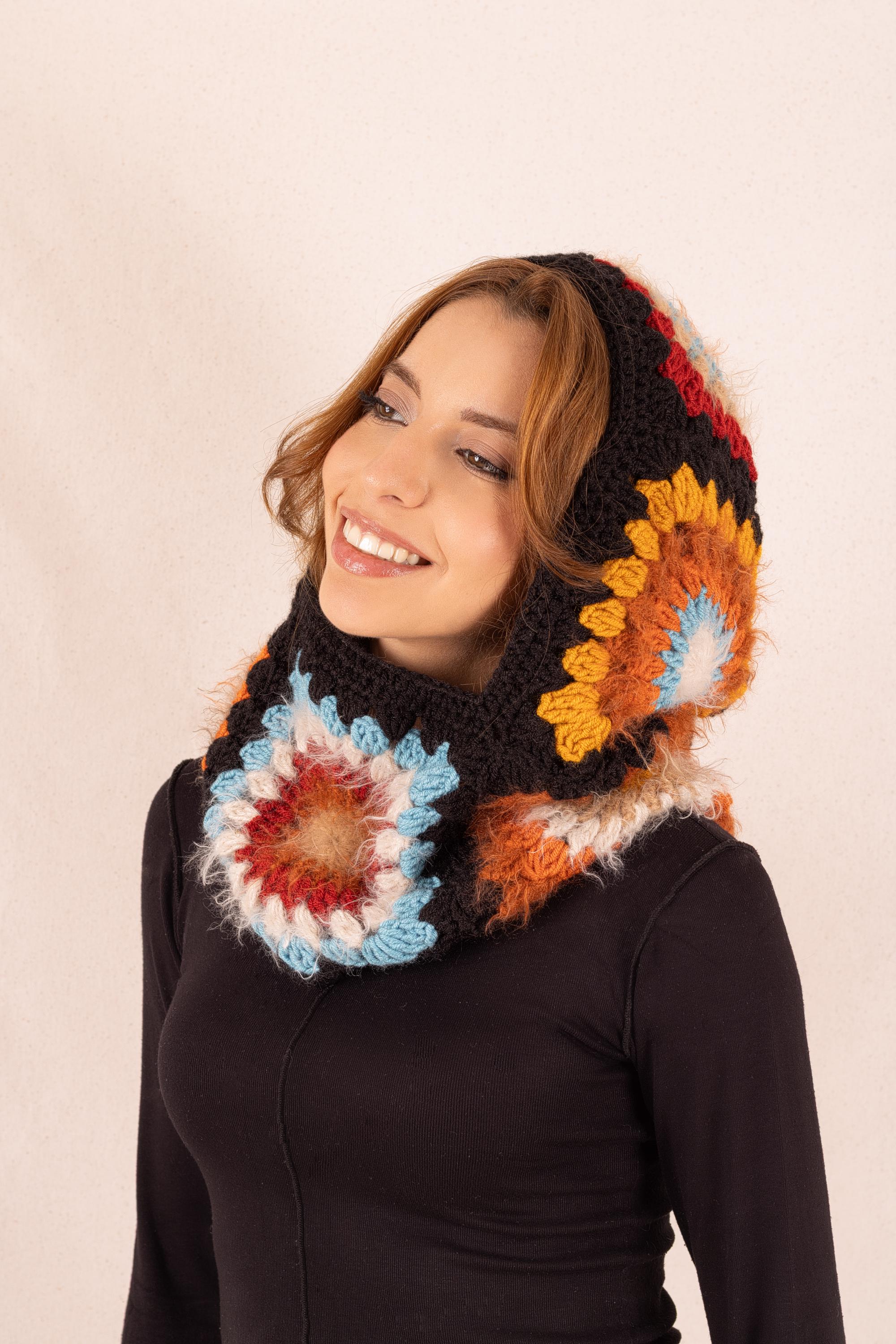 Handmade Crochet Granny Square Balaclava, Wool Hood, Winter Snood