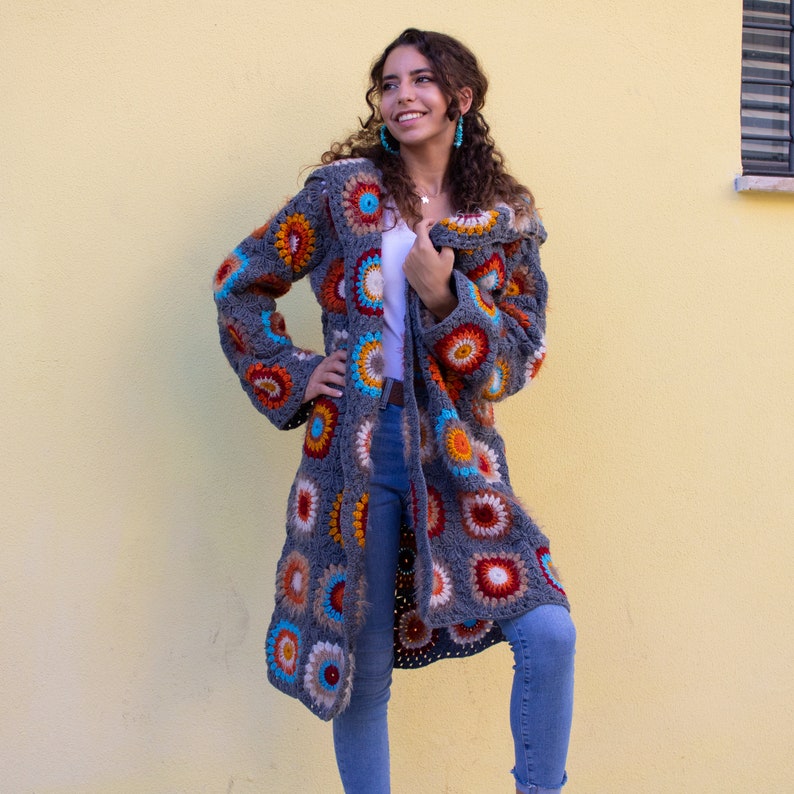 Granny Square Afghan Coat, Patchwork Jacket, Boho Crochet Coat, Granny Square Crochet Cardigan, Oversized Wool Sweater, Long Hooded Coat image 2
