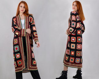 Granny Square Crochet Cardigan: Black Cotton Boho Patchwork Robe