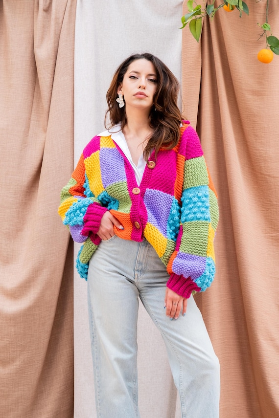 Chunky Knit Patchwork Cardigan: Colorful Boho Mercerized Cotton - Etsy