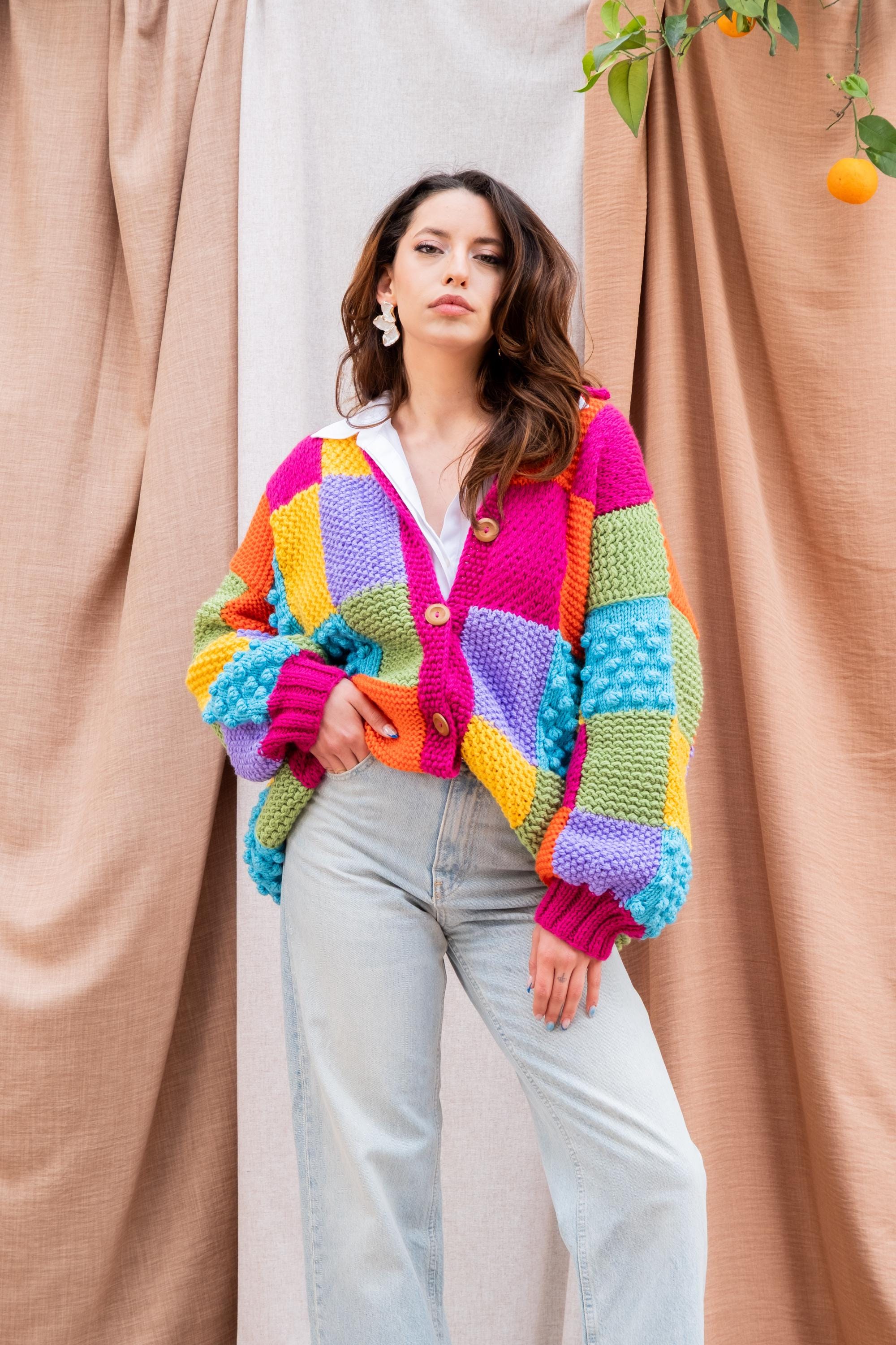 Chunky Knit Patchwork Cardigan: Colorful Boho Mercerized Cotton - Etsy