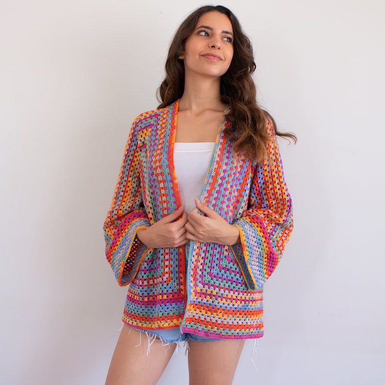 Hand Knit Cardigan for Women, Colorful Knit Sweater, Oversized Cardigan, Womens Knitwear, Crochet Cardigan, Granny Sqaure Crochet Jacket *3242