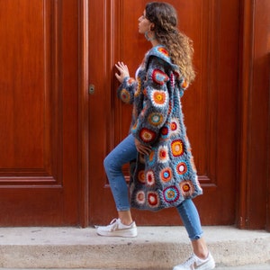 Granny Square Afghan Coat, Patchwork Jacket, Boho Crochet Coat, Granny Square Crochet Cardigan, Oversized Wool Sweater, Long Hooded Coat image 5
