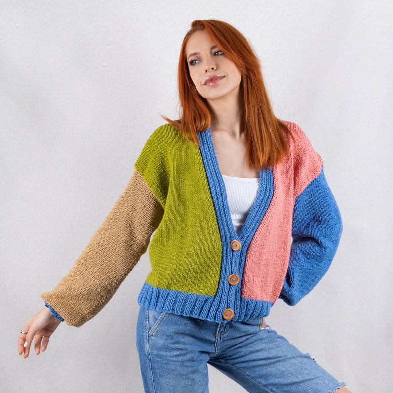 Knit Cotton Cardigan, Multi Color Patckwork Jacket, Chunky Cardigan, Colorful Crop Cardigan, V-Neck Sweater, Summer Carigan, Gift for her image 1