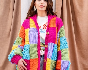 Chunky Knit Patchwork Cardigan: Colorful Boho Mercerized Cotton - Etsy
