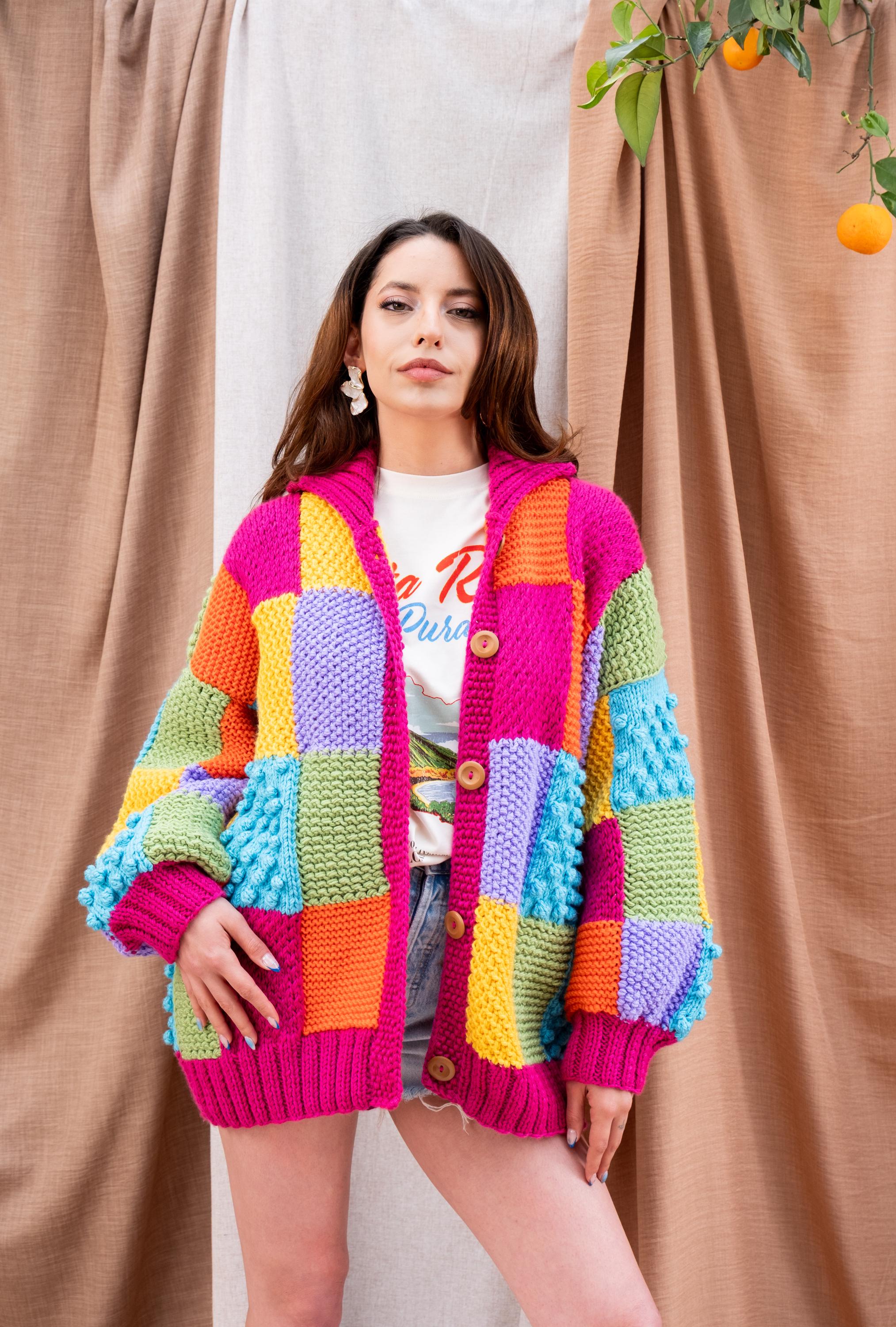 Chunky Knit Patchwork Cardigan: Colorful Boho Mercerized Cotton - Etsy