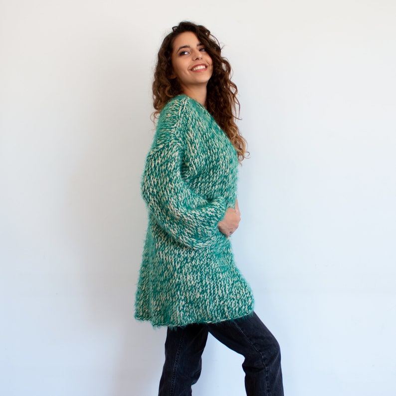 Chunky Knit Cardigan, Chunky Wool Sweater, Oversized Long Cardigan, Hand Knitted Sweater, Green Wool Cardigan, Knit Coat, Christmas Gift image 3