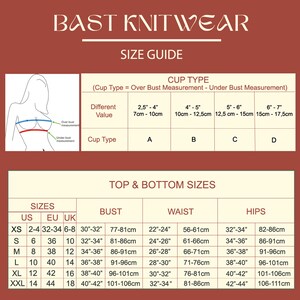 May include: Size guide chart for BAST KNITWEAR, featuring bust, waist, and hip measurements in inches and centimeters. Includes cup type guide with measurements in inches and centimeters. Sizes range from XS to XXL.