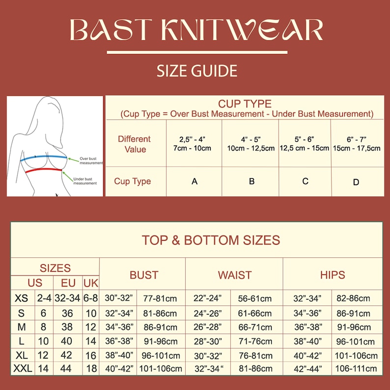 May include: Size guide chart for BAST KNITWEAR, featuring bust, waist, and hip measurements in inches and centimeters. Includes cup type guide with measurements in inches and centimeters. Sizes range from XS to XXL.
