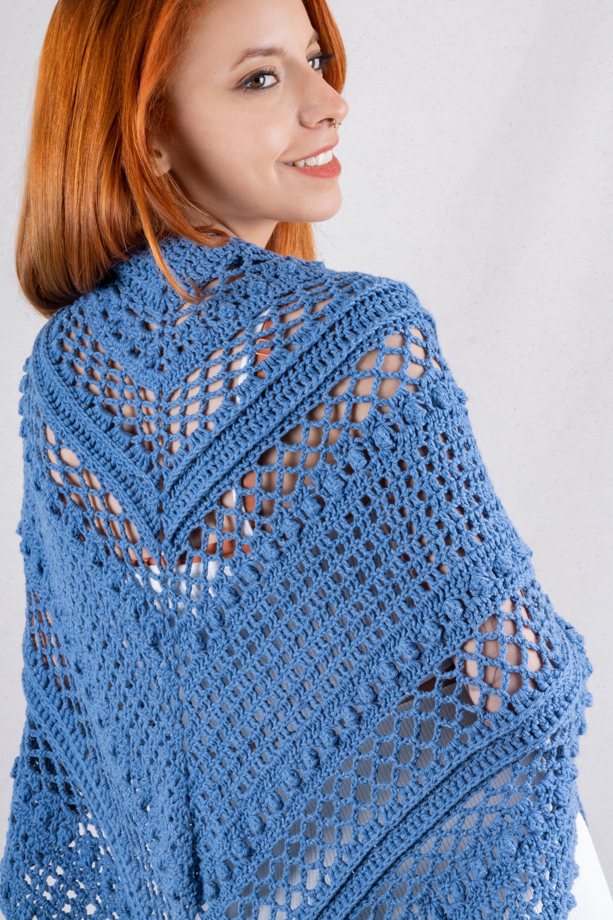 Handmade Crochet Cotton Shawl: Blue Knit Triangle Wrap - Etsy 日本
